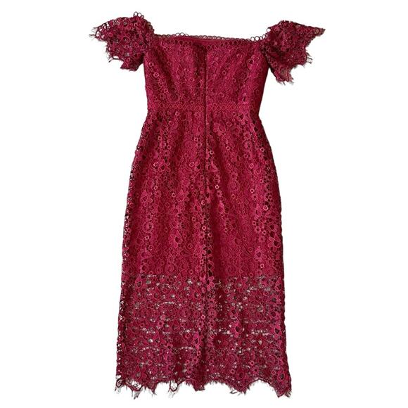 ML Monique Lhuillier Womens Red Raspberry Off The Shoulder Lace Overlay Dress 0P - Picture 7 of 13